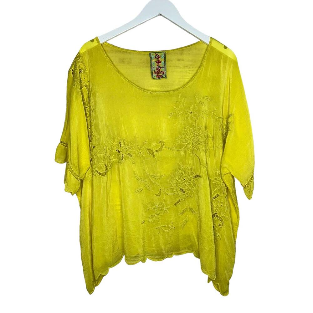 Johnny Was Yellow Rayon Crupa Oversized Boho Scallop Eyelet Top Blouse Large